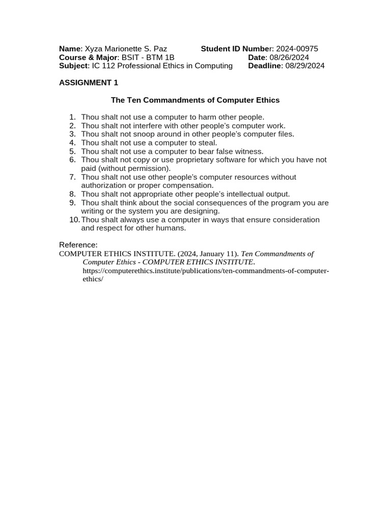  paz assignment 1 ten commandments of computer ethics pdf