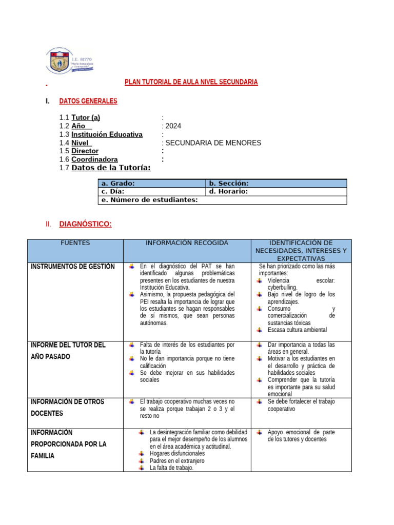 Plan de Tutoría para Secundaria 2024 | PDF | Enseñando | Evaluación