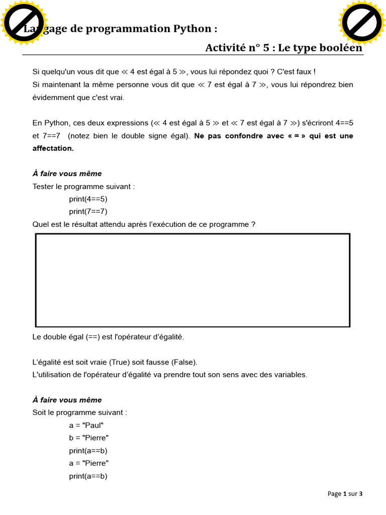 Activité n° 5 Le type booléen_v2 | PDF