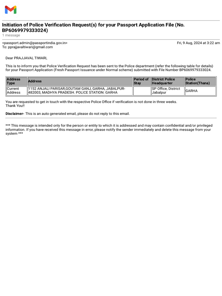Gmail initiation of police verification request s for your passport