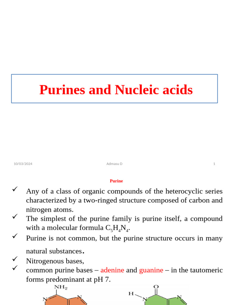 Purines & Nucleic Acids | PDF | Nucleotides | Biochemistry
