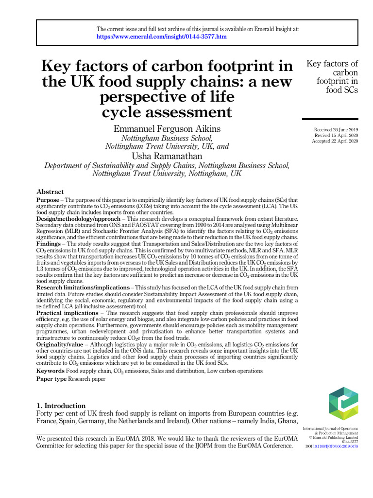 Key Factors of Carbon Footprint in The UK Food Supply Chain | PDF