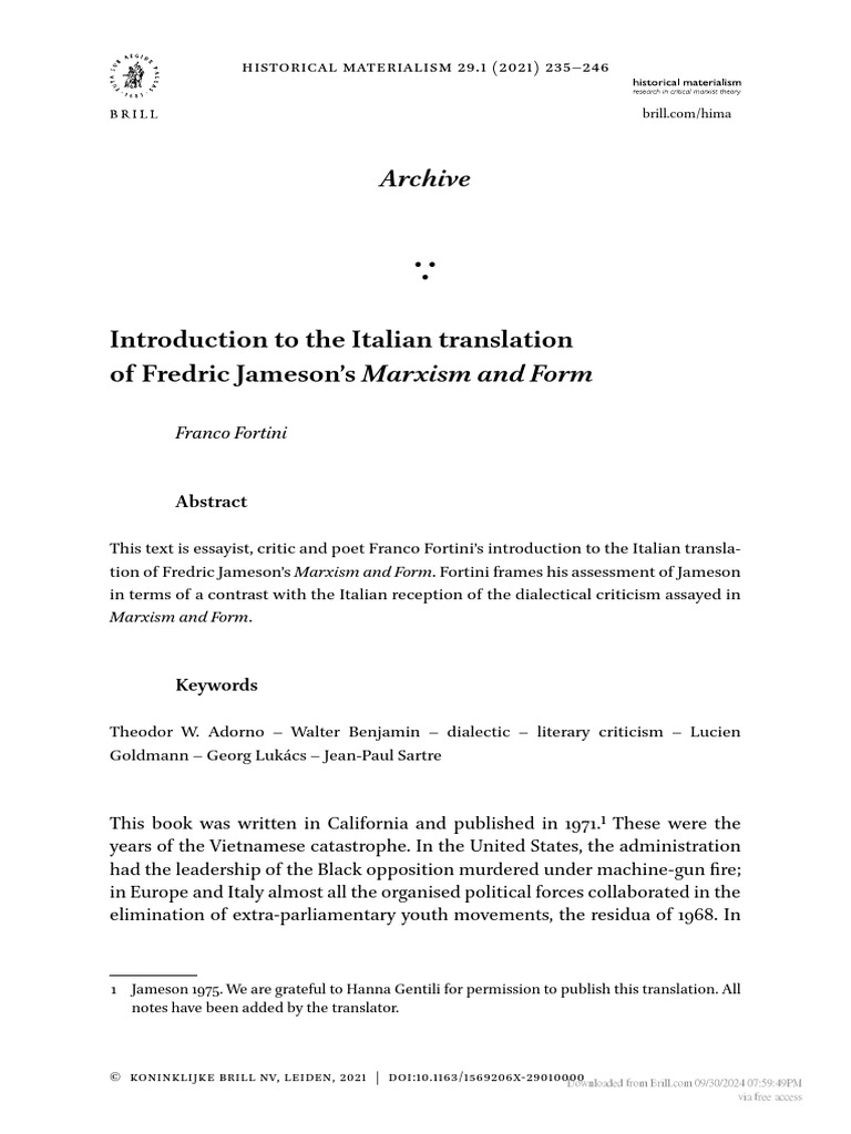 Introduction To The Italian Translation of Fredric Jameson's Marxism ...