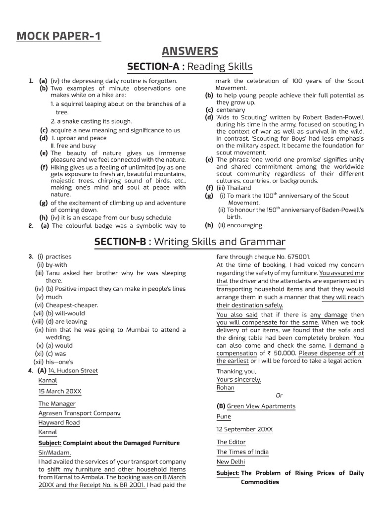English Class 10 Mock Paper Answers | PDF