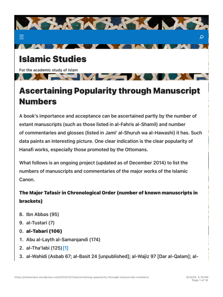 Ascertaining Popularity Through Manuscript Numbers - Islamic Studies | PDF