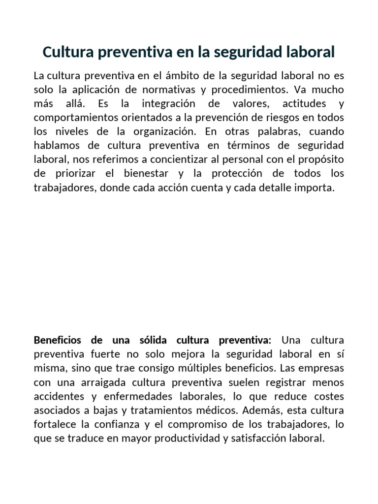 Cultura Preventiva en La Seguridad Laboral | PDF