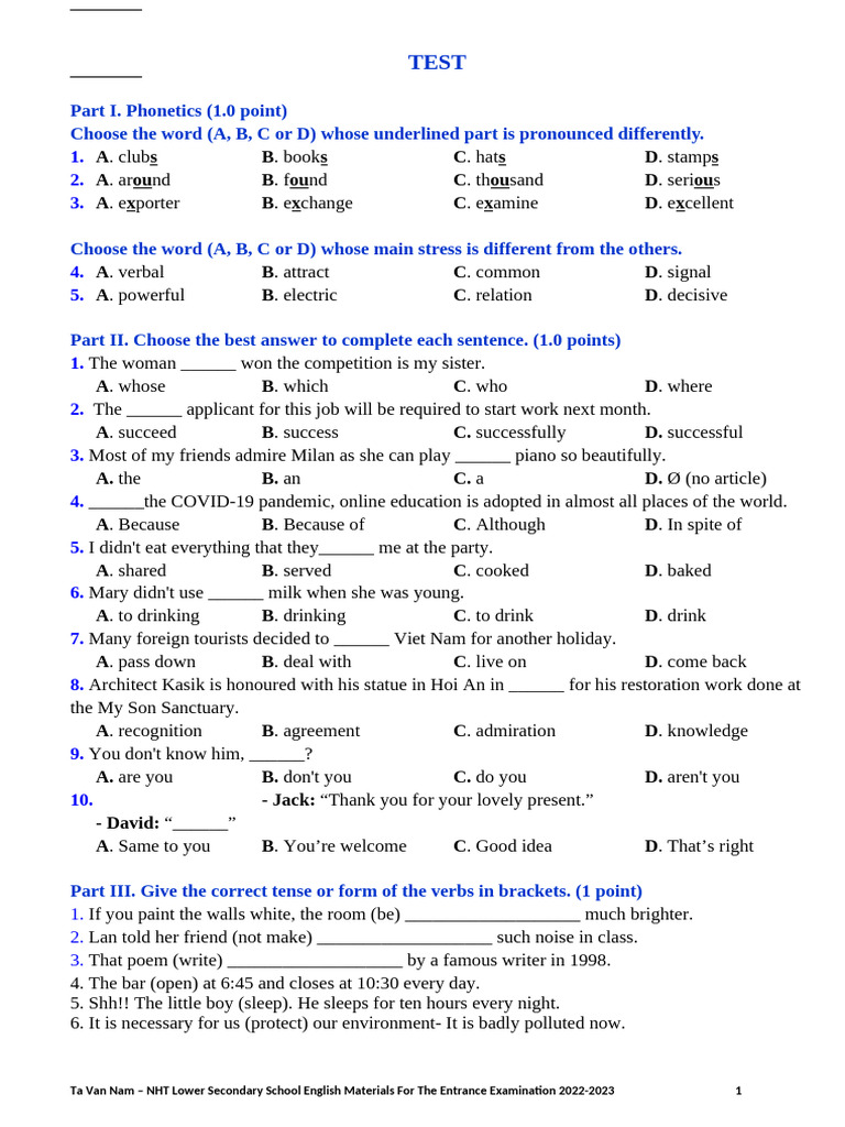 Test For Grade 9 (Done) | PDF