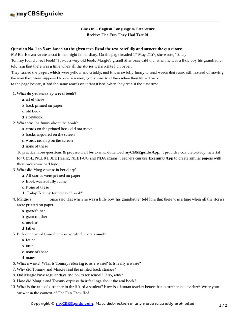 Mycbseguide Class 09 English Language & Literature Beehive The Fun