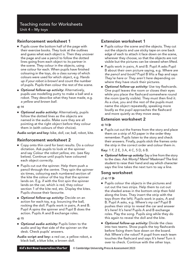 KidsBox Starter Unit4 Worksheets Teaching Notes | PDF