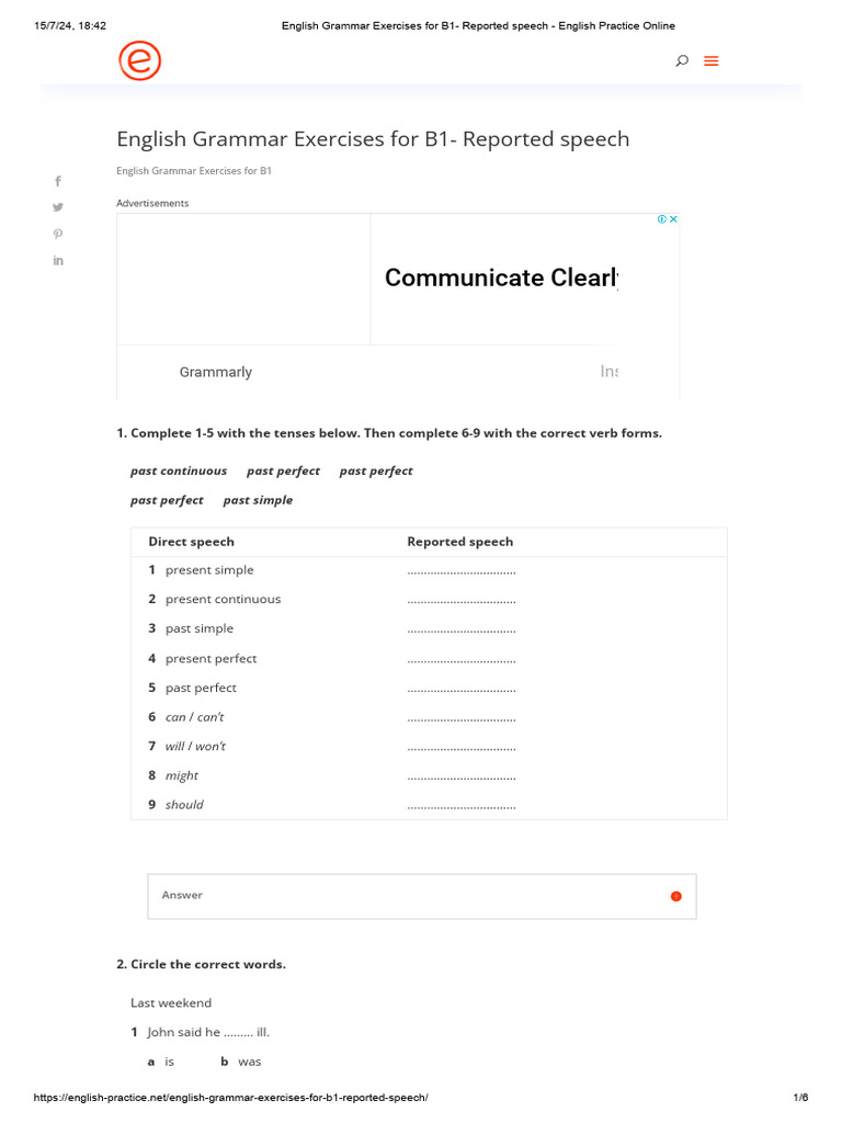 English grammar exercises for b1 reported speech english practice