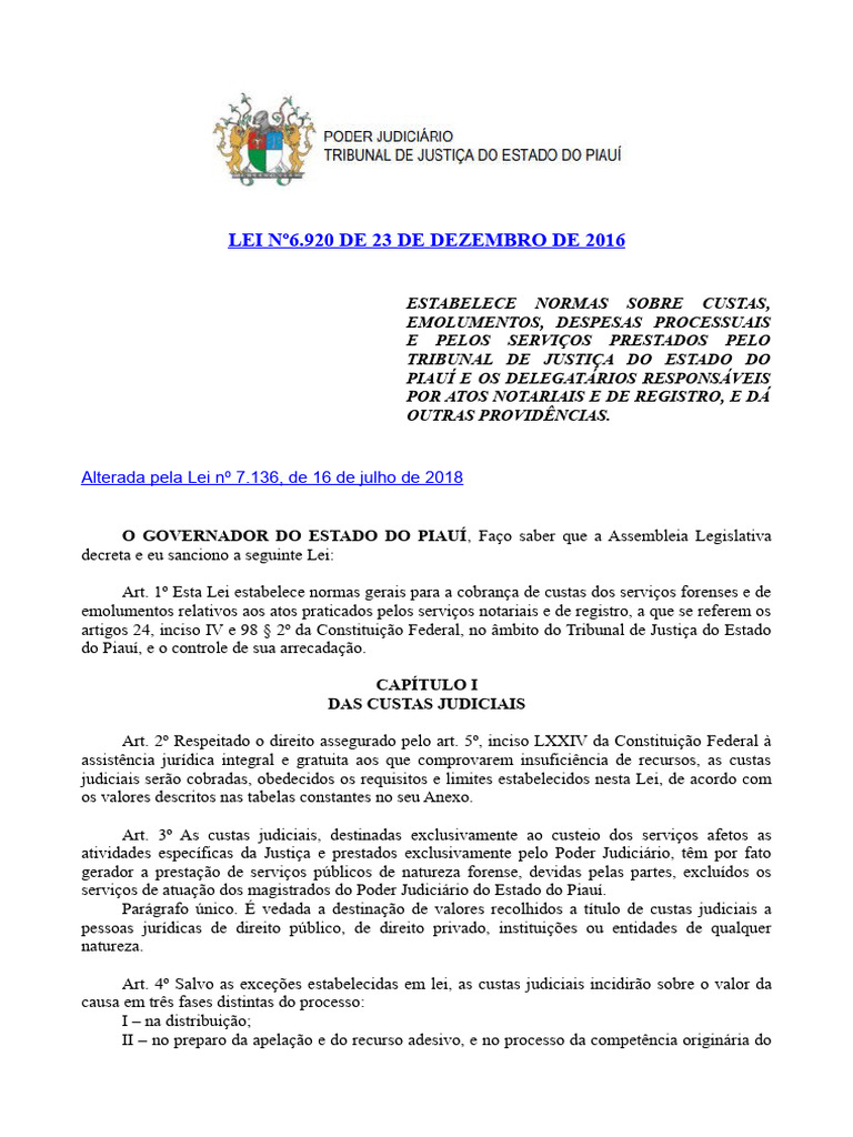 Lei Estadual N 6920 2016 Custas e Emolumentos | PDF
