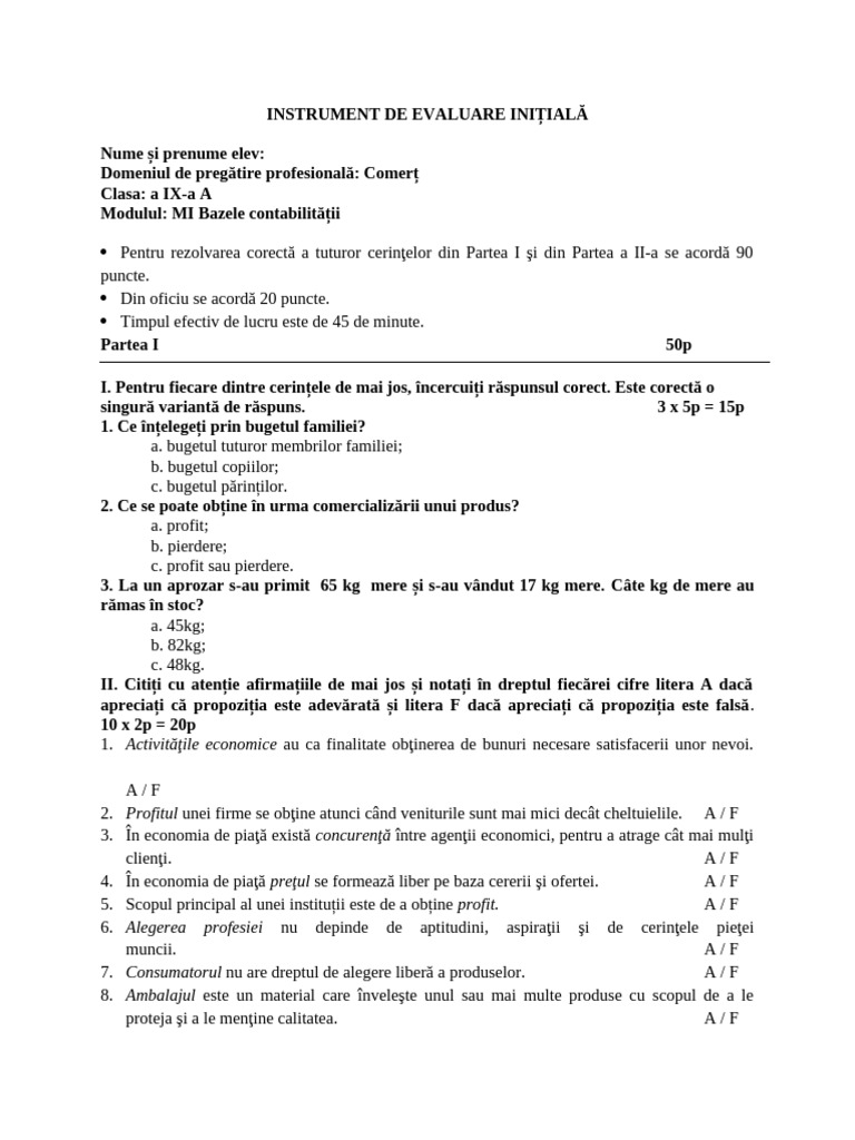 Test Initial M1 Bazele Contabilitatii Clasa A IX A | PDF