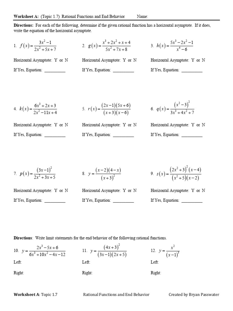 Worksheet A Topic 1.7 Rational Functions and End Behavior | PDF