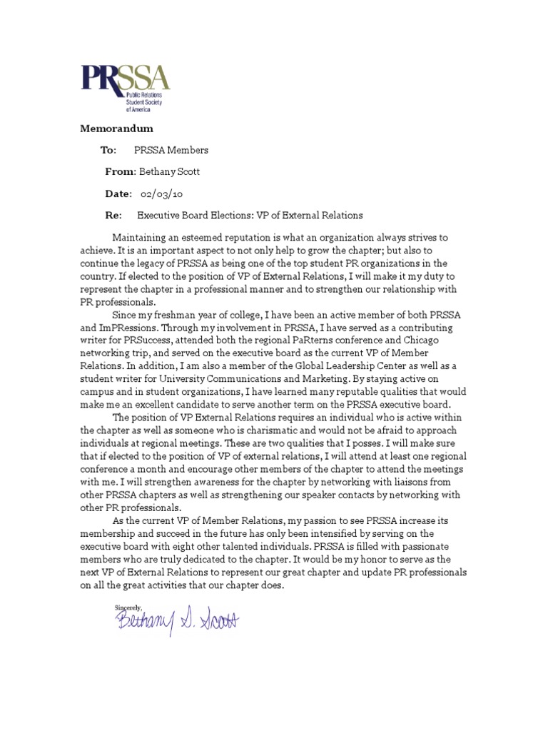 PRSSA Executive Board Election Memos | PDF | Public Relations | Social ...