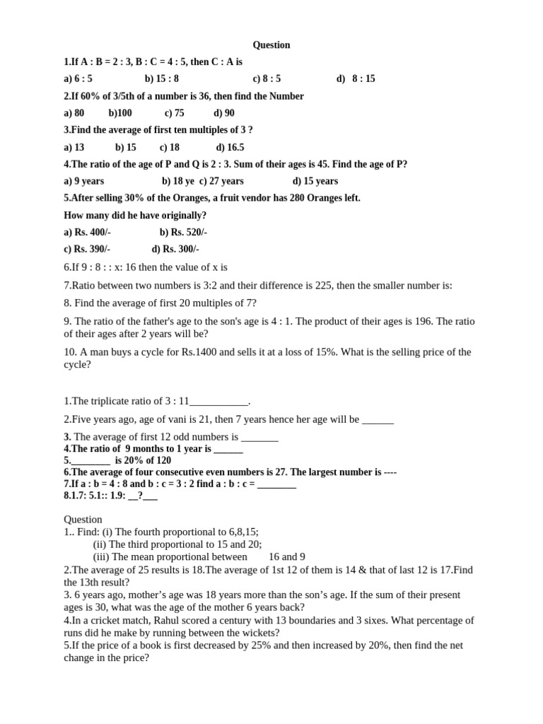 Aptitude Question Bank For PT1 | PDF | Ratio | Sports & Recreation