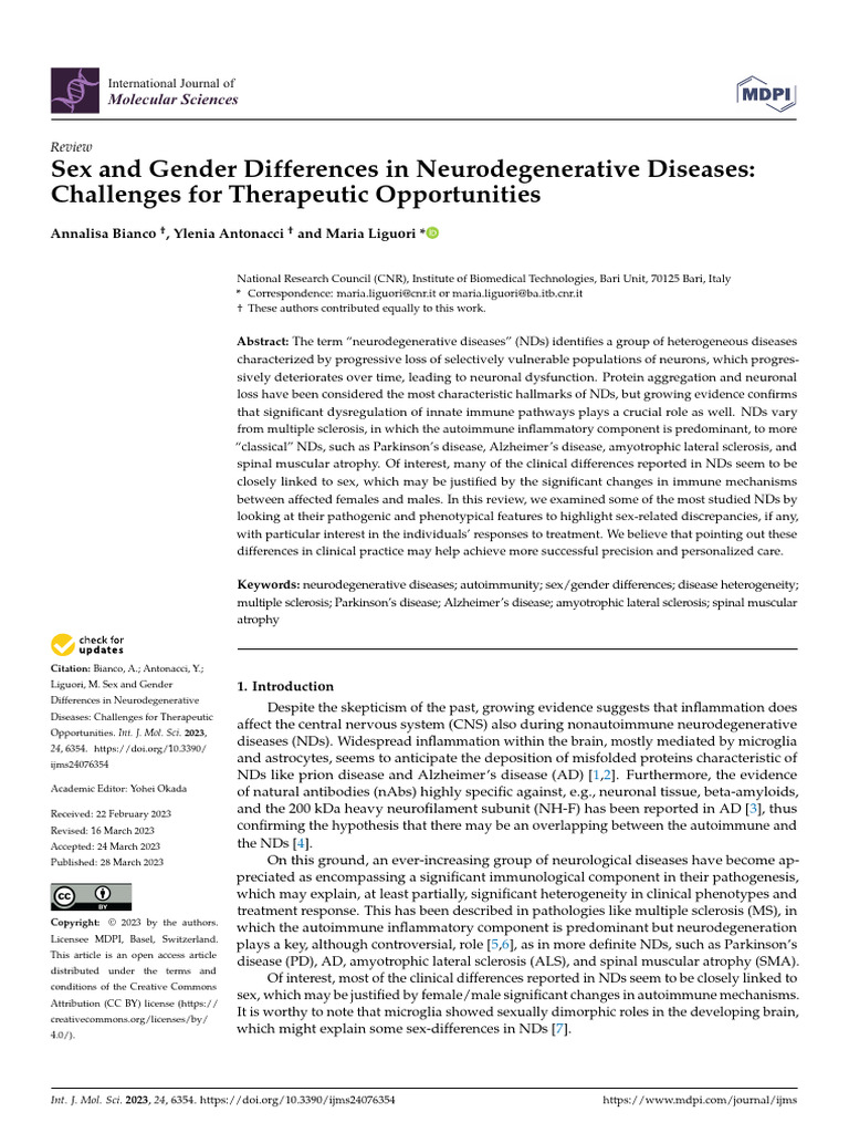 Sex and Gender Differences in Neurodegenerative Diseases Challenges For ...