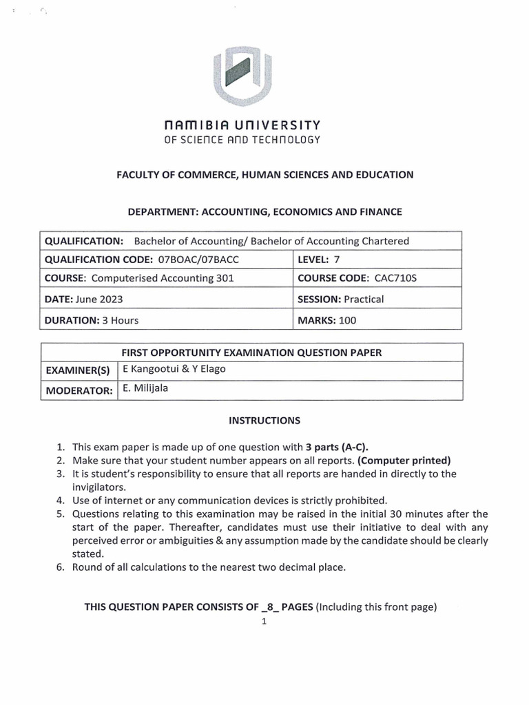 Cac710s - Computerized Accounting 301 - 1ST Opp - June 2023 | PDF