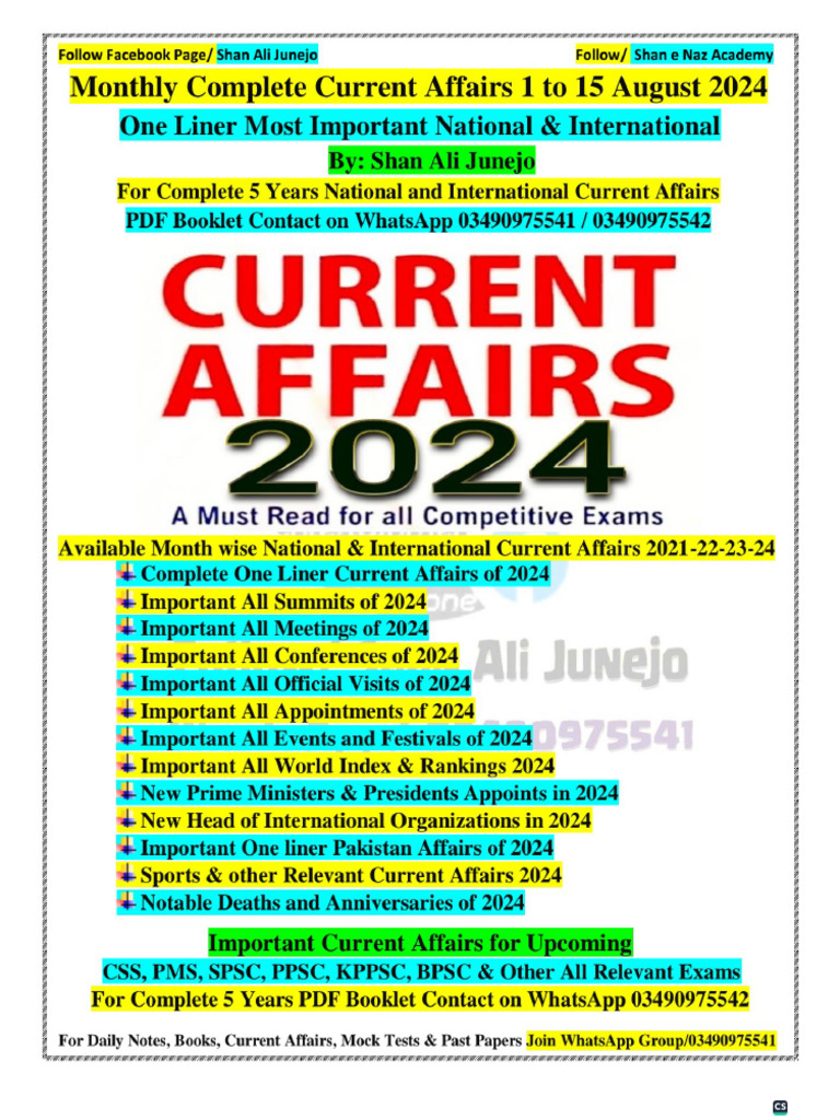 Current Affairs Notes August 2024 | PDF