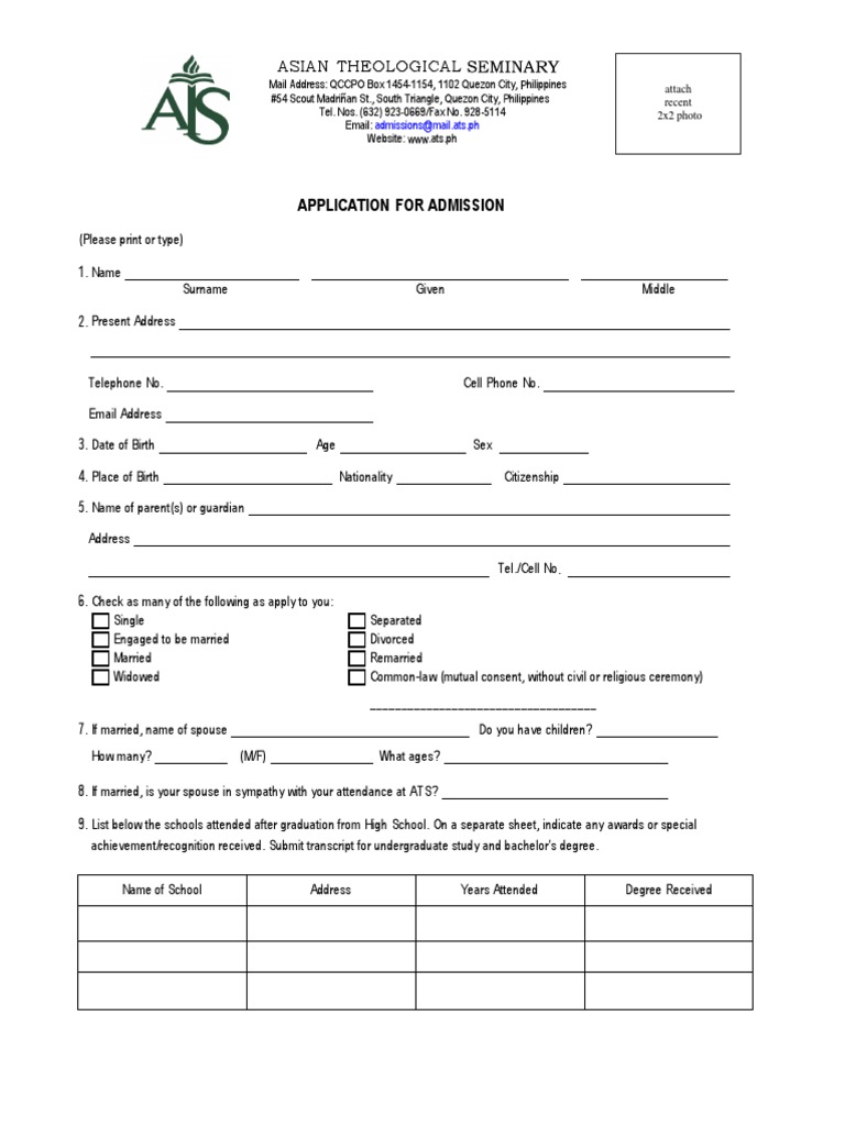 Admission Application Form for ATS | PDF | Academic Degree | Email