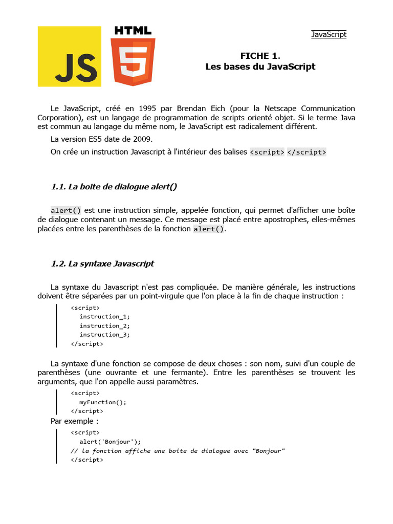 Fiche 1 Les Bases Du Javascript | PDF
