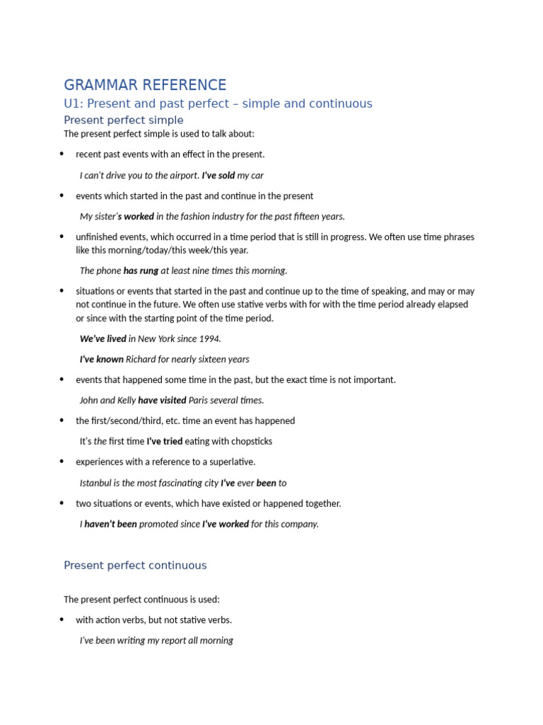 Grammar Reference: U1: Present and Past Perfect - Simple and Continuous ...