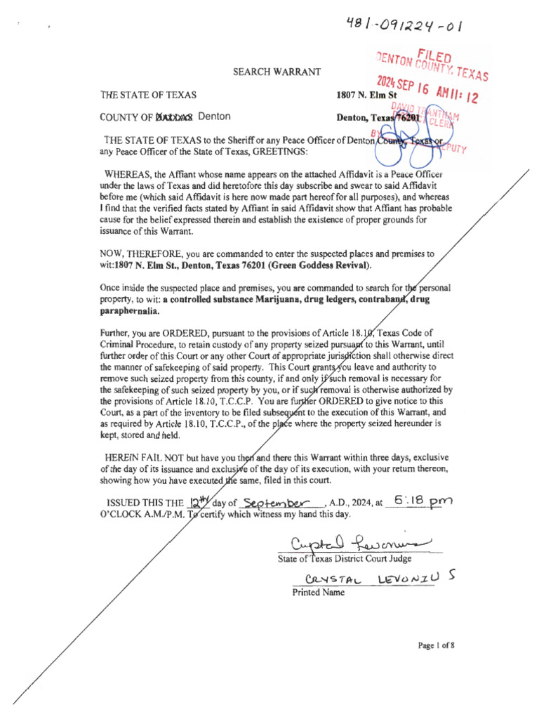Denton Search Warrant for Green Goddess | PDF | Affidavit | Search Warrant