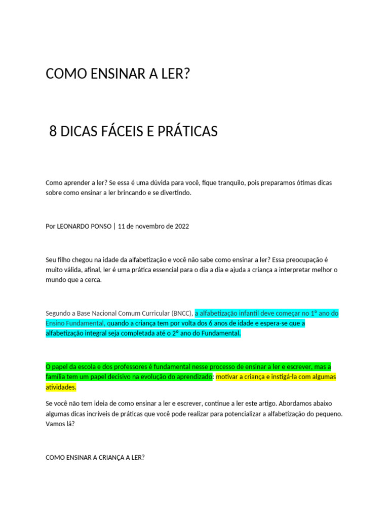 Como Ensinar Ler e Escrever - 072206 | PDF | Alfabetização | Aprendizado
