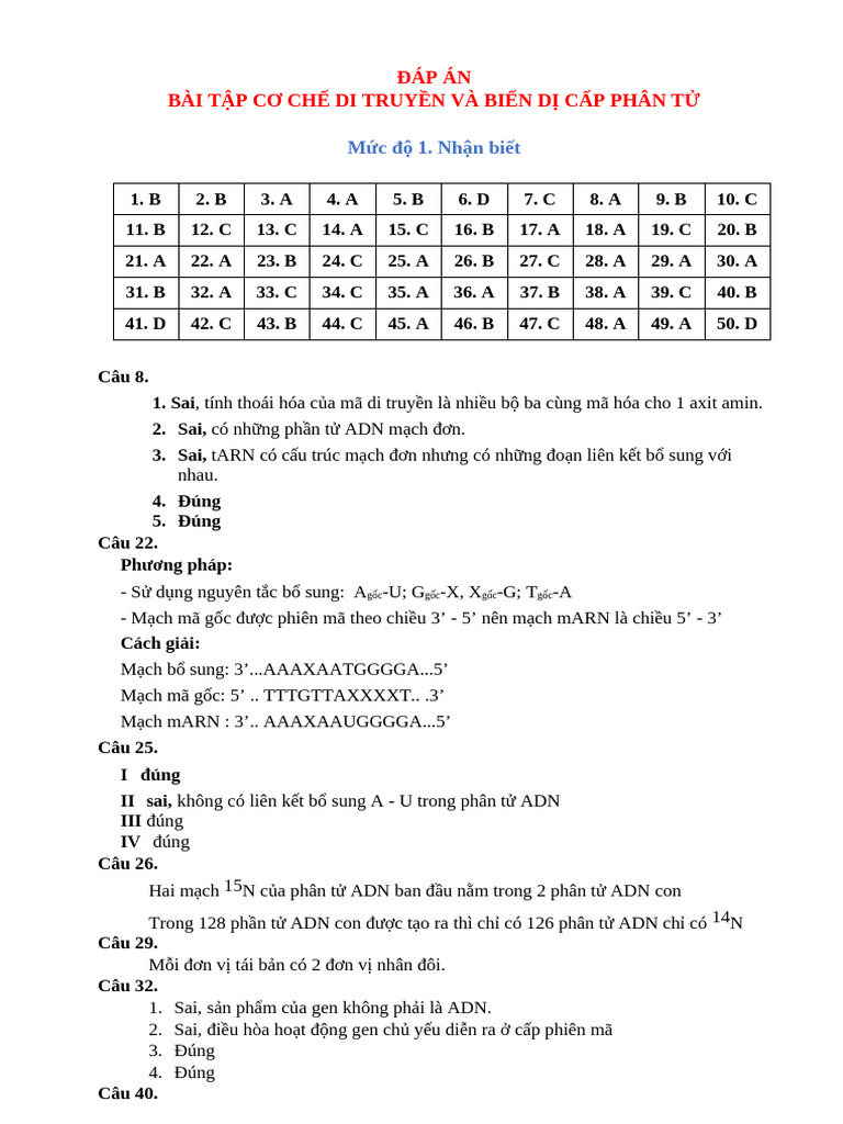 Dap An Bai Tap Co Che Di Truyen Va Bien Di Cap Phan Tu | PDF