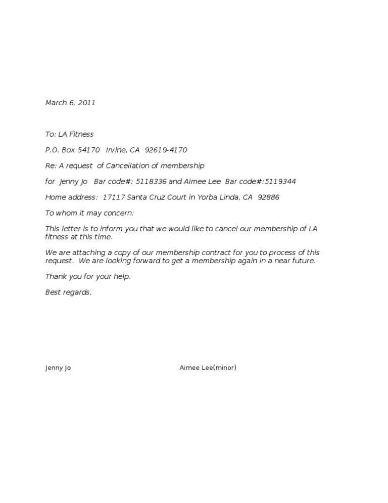 Cancellation Letter LA Fitness | PDF | Business