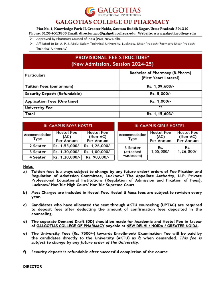 GCOP B.pharm Fee Structure 2024 25 | PDF
