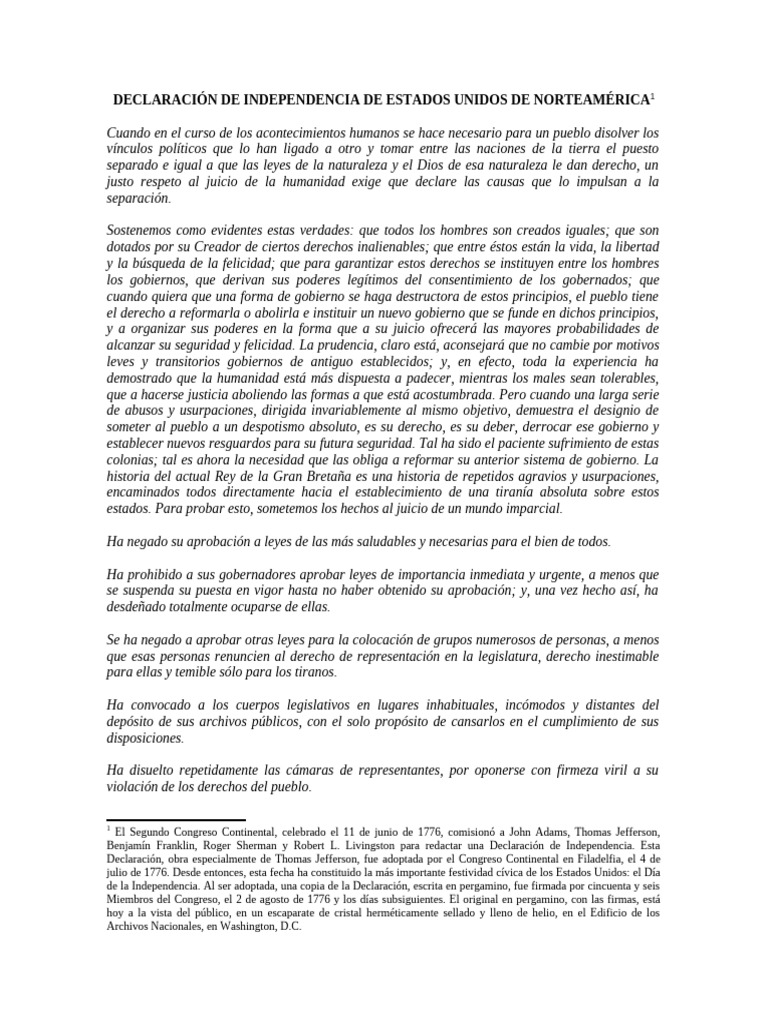 Tema 5 - Declaración de Independencia de Los Estados Unidos - 1776 | PDF