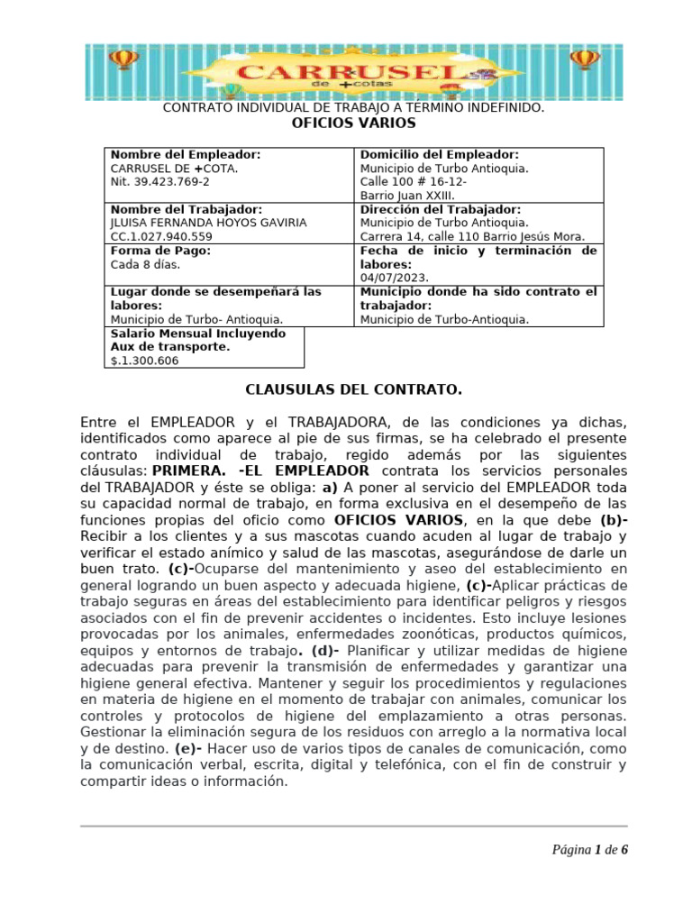 Contrato de Trabajo Luisa 2023 | PDF | Tiempo de trabajo | Derecho laboral