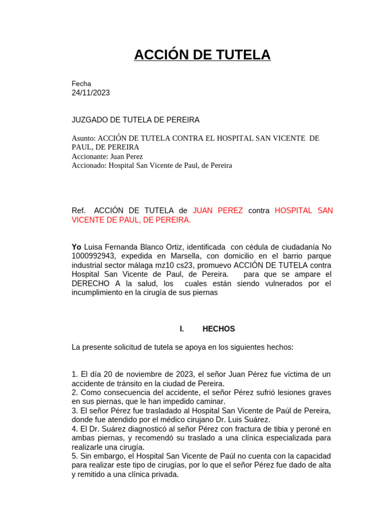 MODELO ACCIÓN DE TUTELA (1) | PDF
