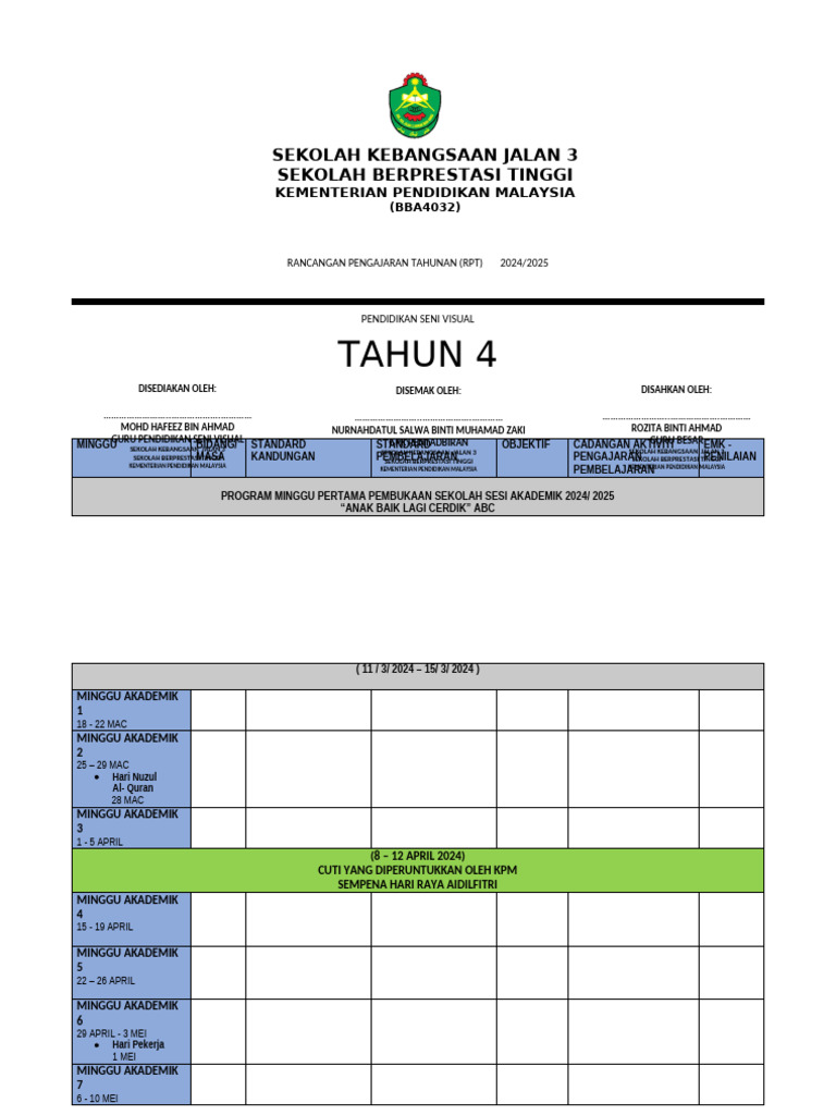 Muka Depan RPT PSV 2024 | PDF