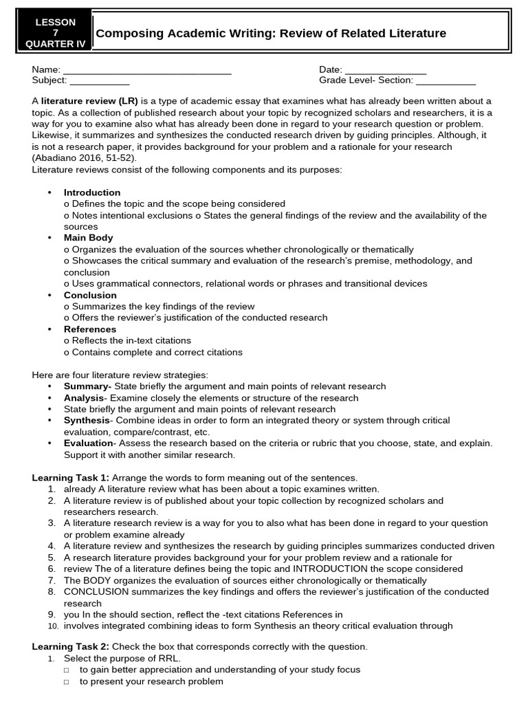 Activity Sheet 7 - Q4 - RWS | PDF | Evaluation | Literature Review