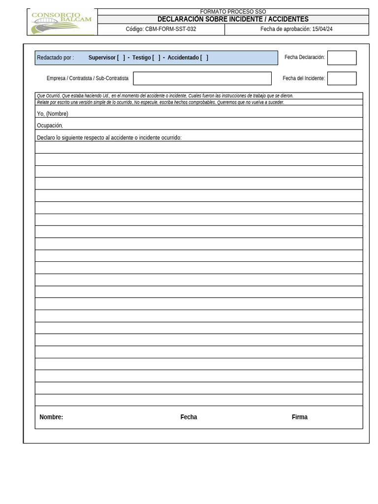 CBM-FORM-SST-032-Declaración Sobre Incidente - Accidente | PDF
