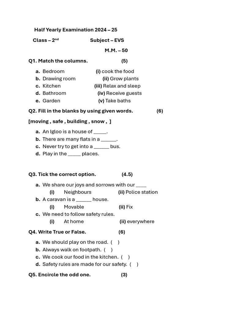Class 2nd EVS Half Yearly Examination 2024 - 25 | PDF