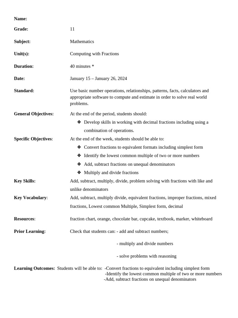 Grade 11 Fraction Lesson plan | PDF