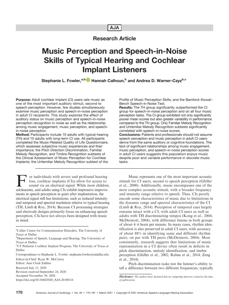 Fowler Et Al 2021 Music Perception and Speech in Noise Skills of ...