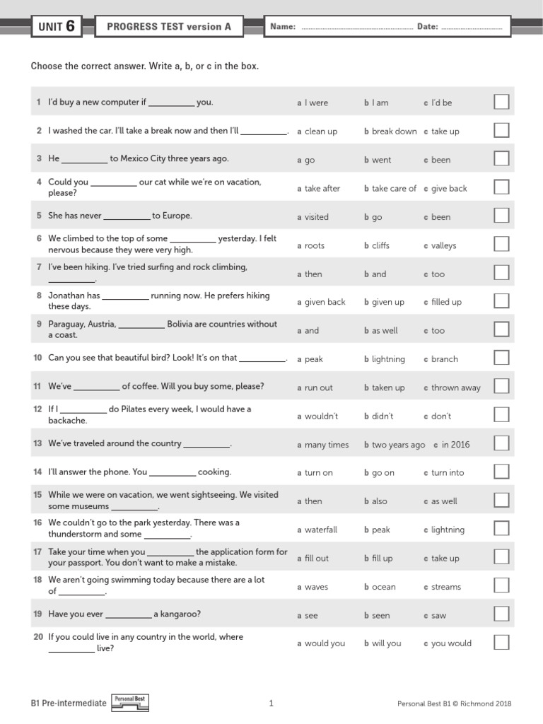 Progress Test Unit 6 English B1 | PDF
