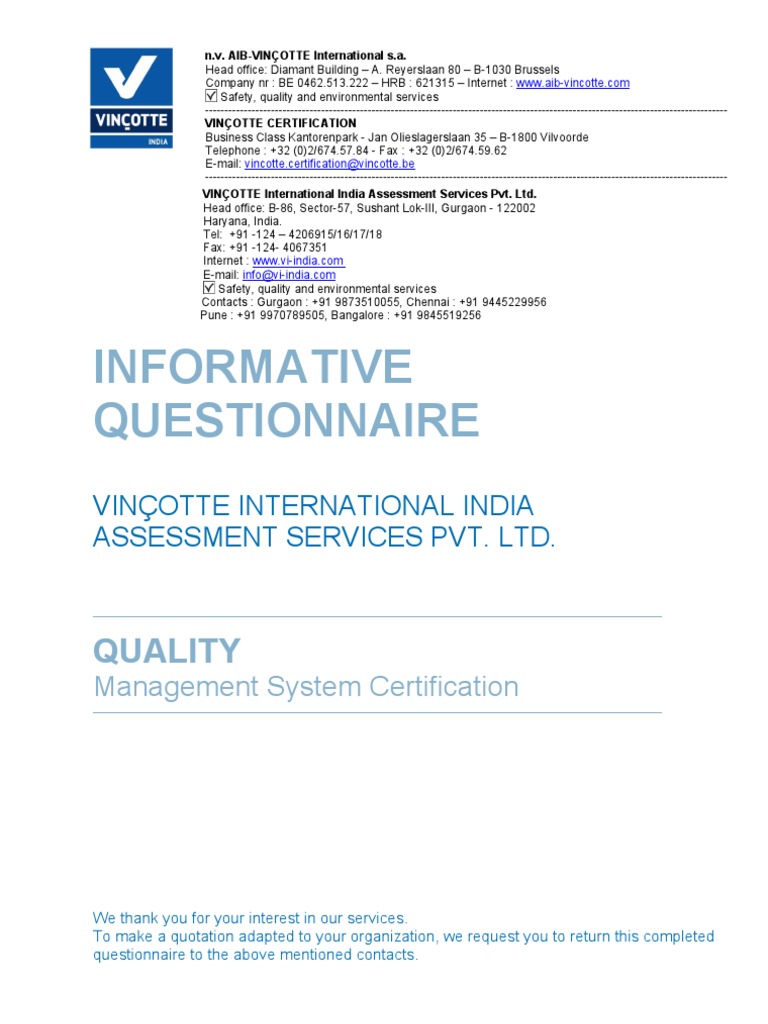 Vinçotte Quality Certification Questionnaire | PDF | Iso 9000 | Computing