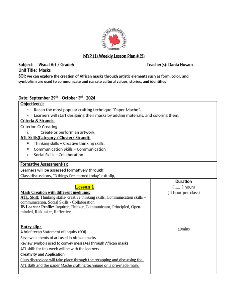 MYP-Lesson Plan-Year 1 | PDF