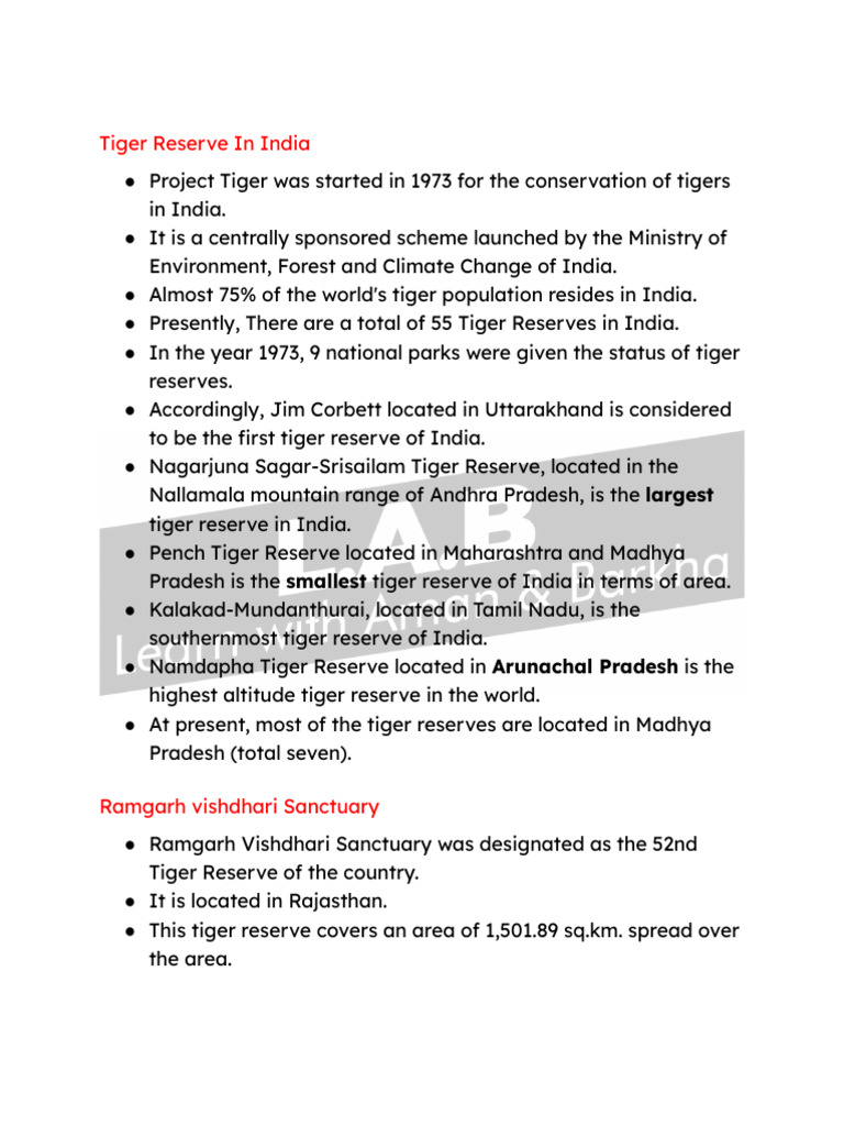 Tiger Reserve in India: Largest | PDF