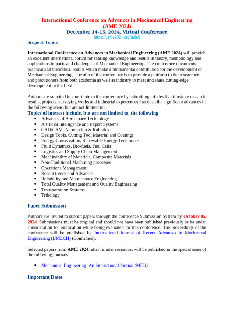 International Conference On Advances in Mechanical Engineering (AME ...
