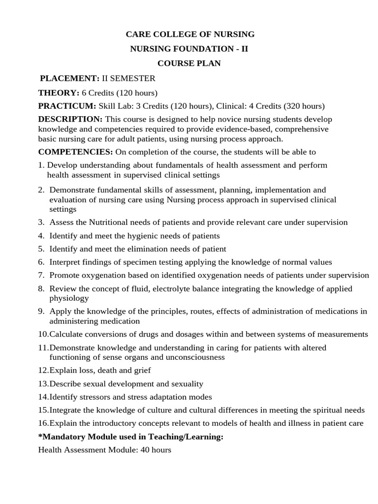 Nursing Course Plan for II Semester | PDF | Physical Examination | Self ...