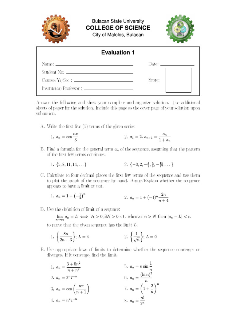 Problem Set 1 Infinite Sequences | PDF