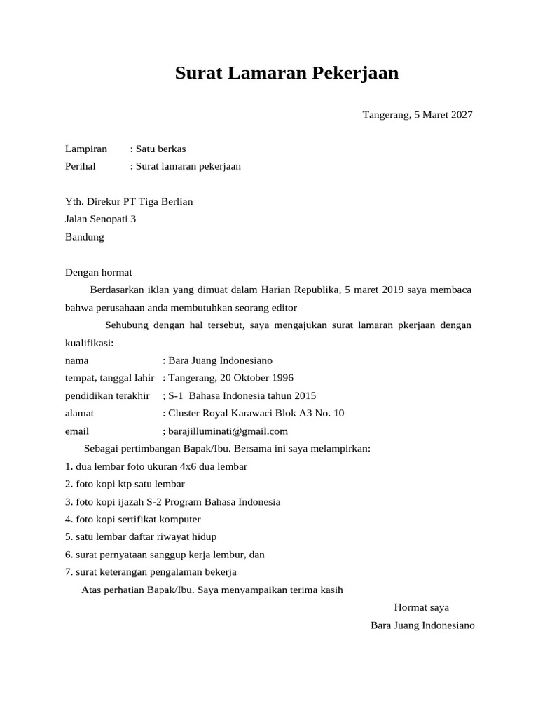 Surat Lamaran Pekerjaan Dan Cv Bara Juang Indonesiano 12 Ipa Pdf