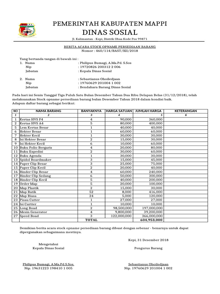 Berita Acara Stock Opname 2018 | PDF