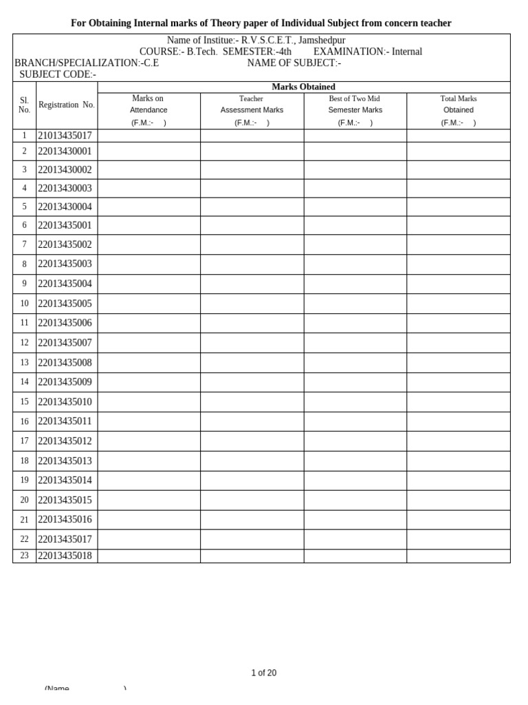 4th SEM INDIVIDUAL INTERNAL MARKS OF THEORY | PDF