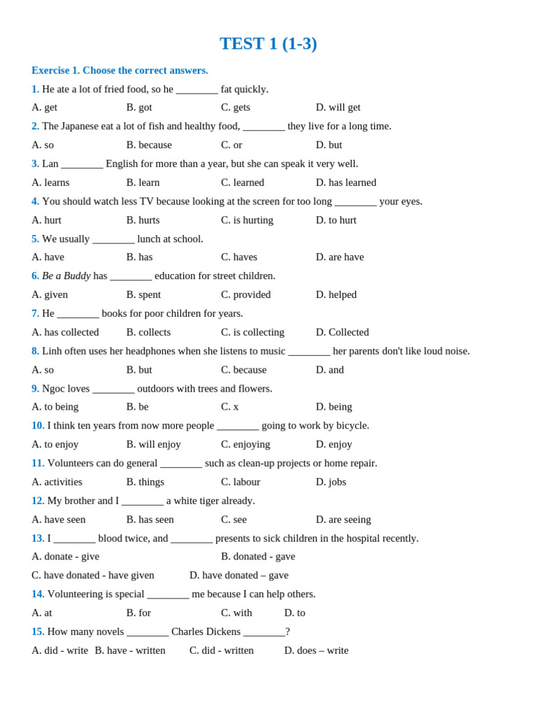 TEST 1 (1-3) : Exercise 1. Choose The Correct Answers. 1 | PDF